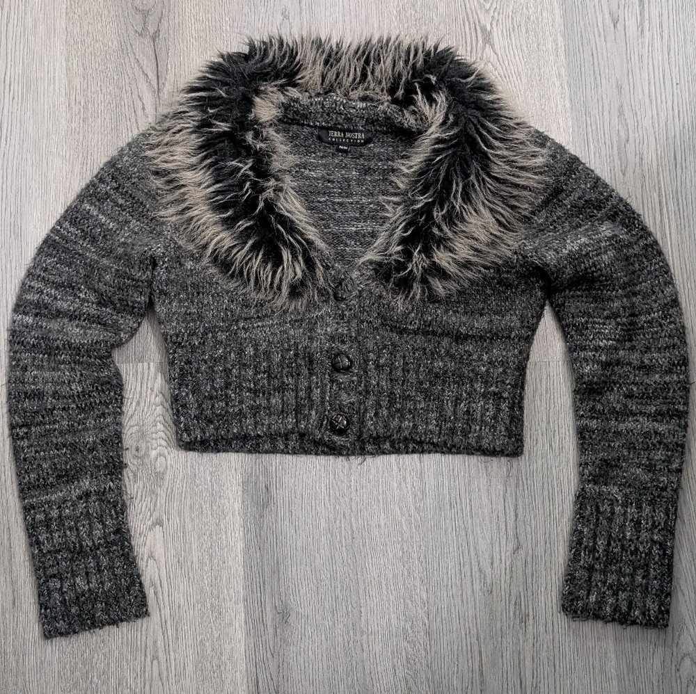 Vintage Y2K Faux Fur Collar Cropped Cardigan Sweater Gray Grunge Whimsygoth M